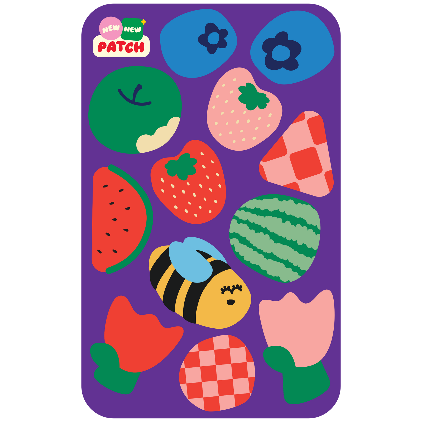 Picnic Sticker Patch Sheet - 12 fruit and nature patches on purple background