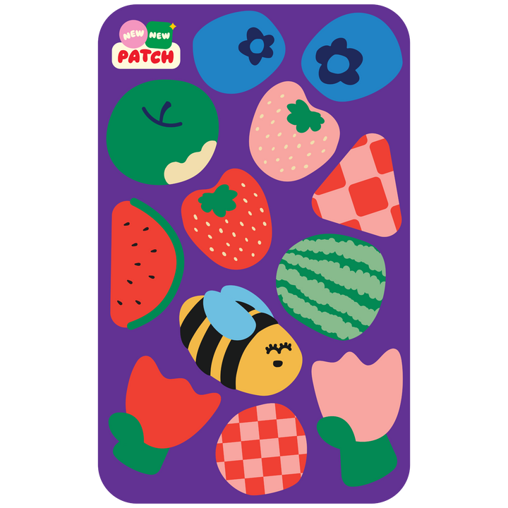 Picnic Sticker Patch Sheet - 12 fruit and nature patches on purple background