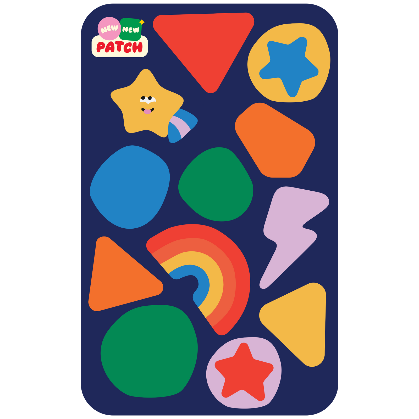 Rainbow Sticker Patch Sheet - 12 bold colorful patches on navy background