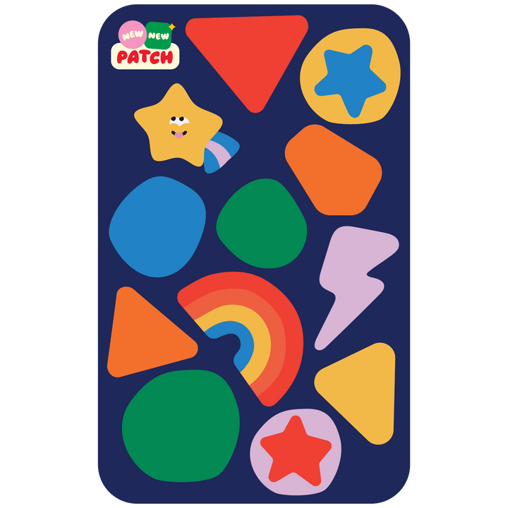 Rainbow Sticker Patch Sheet - 12 bold colorful patches on navy background