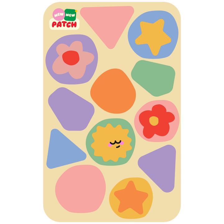 Pastel Sticker Patch Sheet - 12 pastel floral and shape patches on cream background