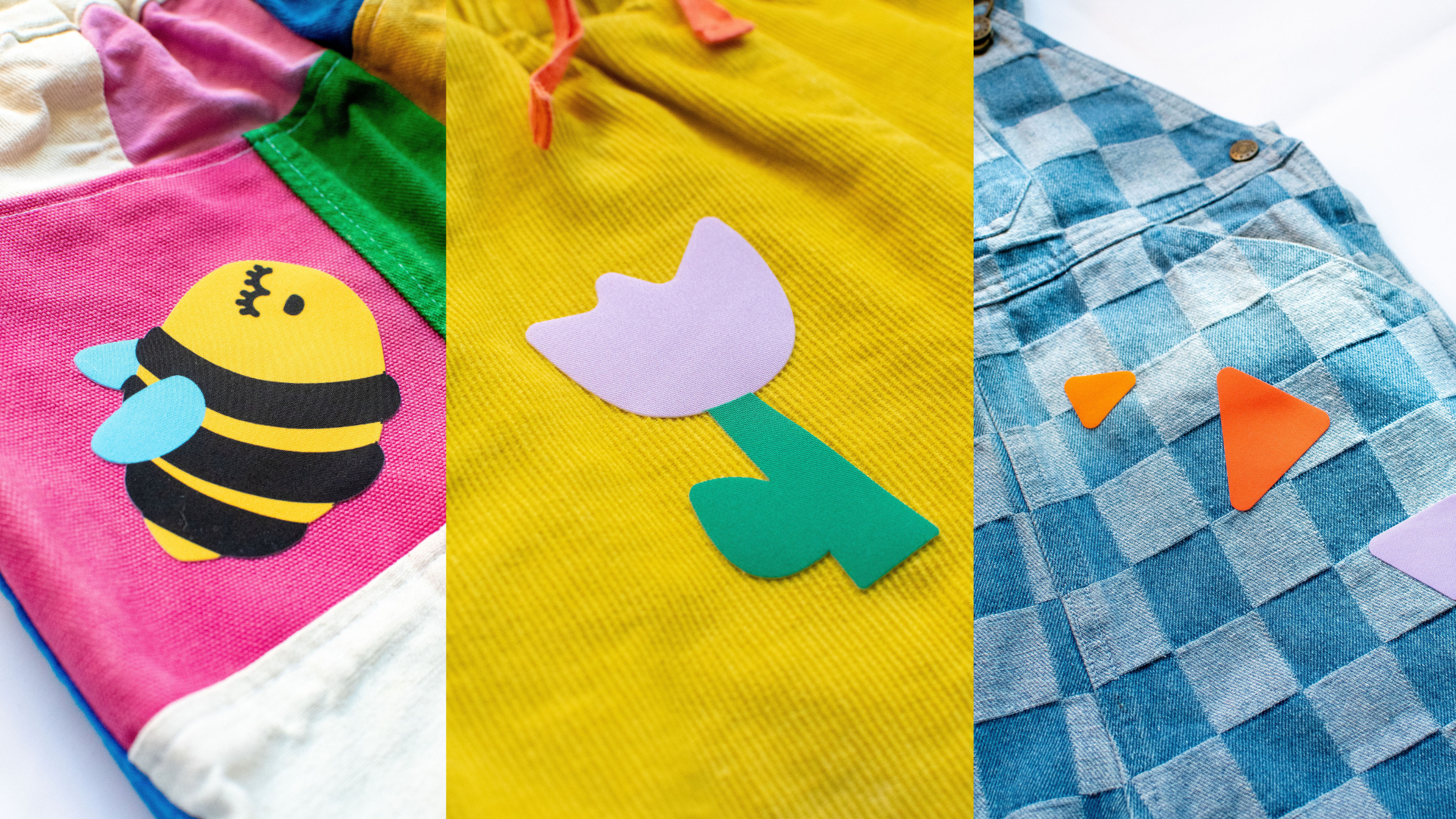 Three colorful children's clothing items with animal and geometric designs.