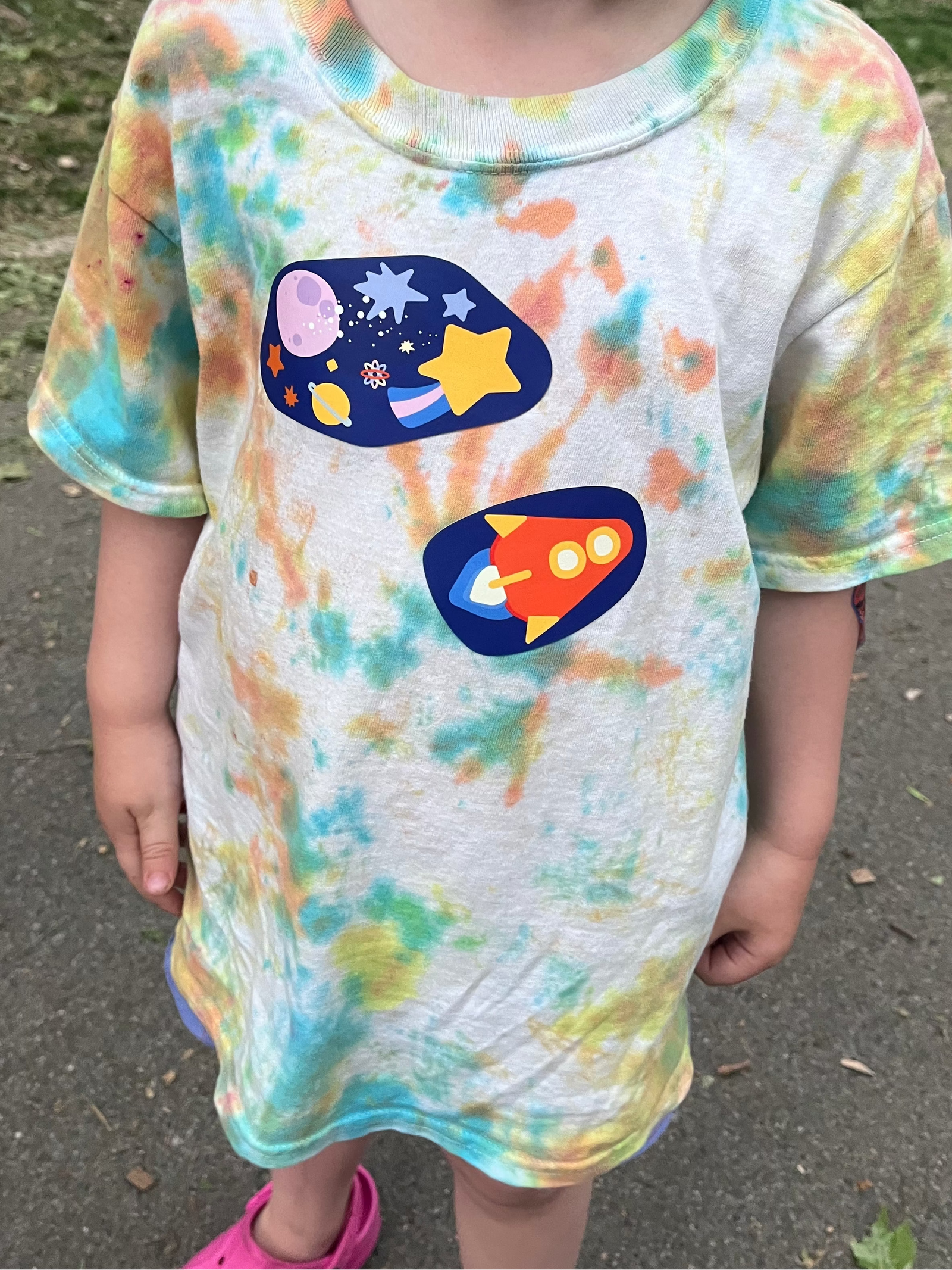 Space Sticker Patch Sheet - lifestyle photo of space patches on kids clothing