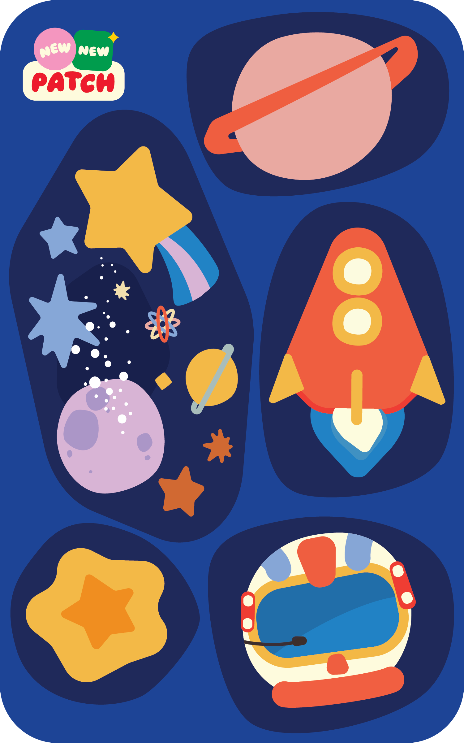 Space Sticker Patch Sheet - 6 extra large space themed patches on navy background