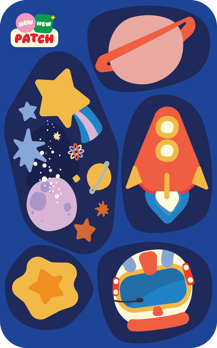 Space Sticker Patch Sheet - rocket and planet patches on navy background